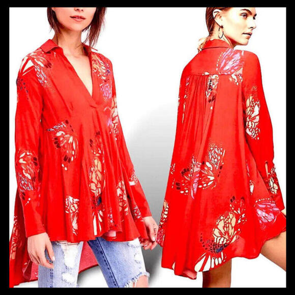 Free People Field‎ of Butterflies Red Oversized Tunic/Dress - Picture 1 of 6